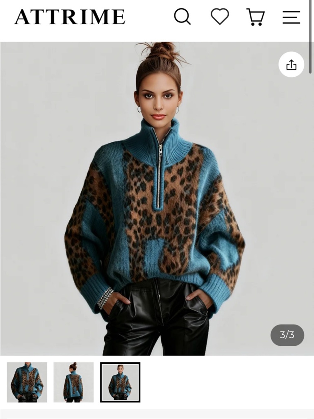 Women's Blue Leopard Print Half-Zip Stand Collar Long Sleeve Loose Knit Sweater